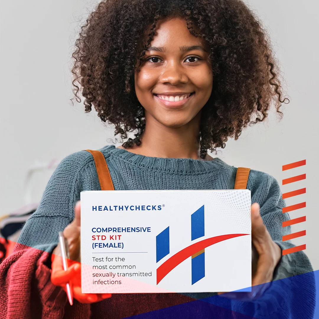 Woman holding a product box of healthychecks